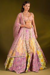 Multi Colored Silk Printed and Woven Jaal Patch Work Lehenga